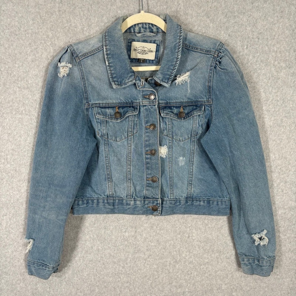 Ashley Vintage Charm Jean Jacket Large Distressed Puff Holes Girly Cute Feminine